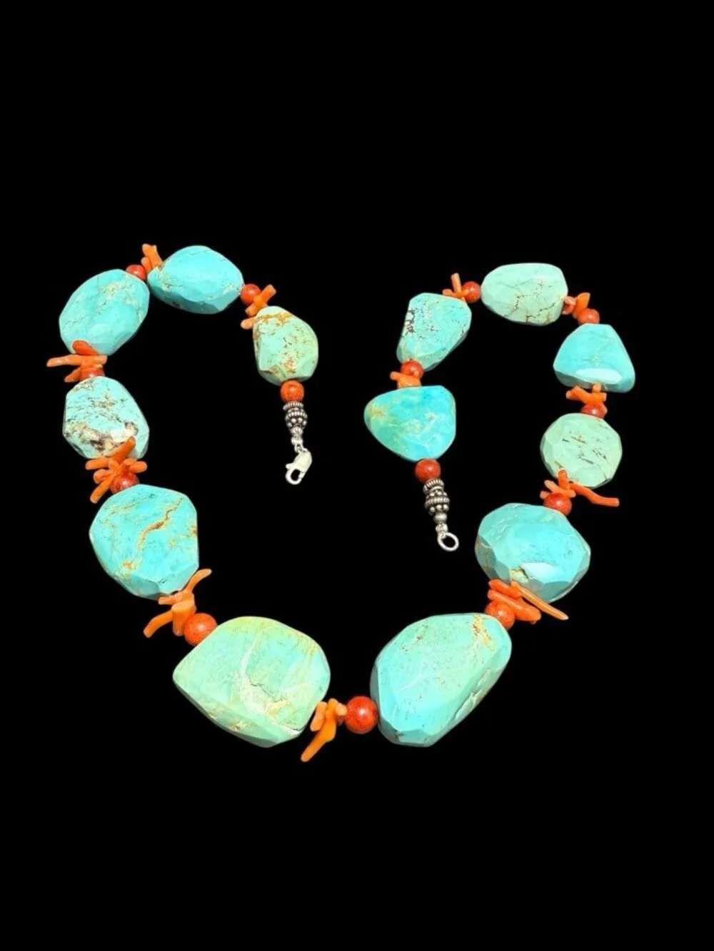 Vintage Turquoise Coral Bead Necklace Sterling Silver Clasp Statement